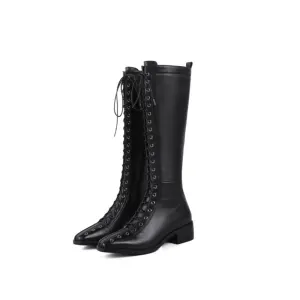 Modest Simple Fall Black Street Wear Knee High Womens Boots 2020 Leather 4 Cm Thick Heels Low Heel Square Toe Boots