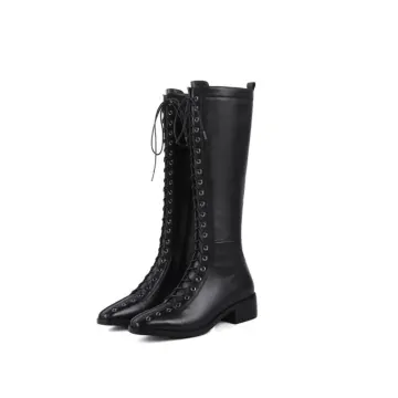 Simple Tomber Noire Vêtement De Rue Kniehohe Bottes Femme 2020 Cuir 4 Cm Talons Épais Talon Bas Pied Carré Bottes