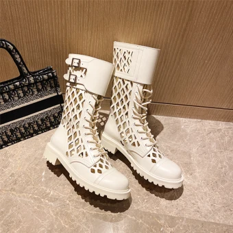 Fashion White Street Wear Pierced Ankle Womens Boots 2020 Leather 3 Cm Low Heel Thick Heels Round Toe Boots