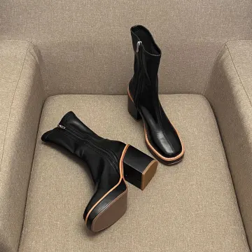 Simple Hiver Noire Vêtement De Rue Bottes Femme 2020 Cuir 8 Cm Talons Épais Pied Carré Bottes