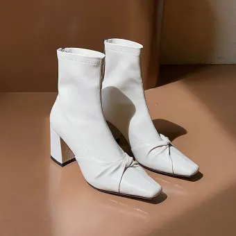 Modest Simple Fall White Casual Ankle Womens Boots 2020 Leather 7 Cm Thick Heels Square Toe Boots