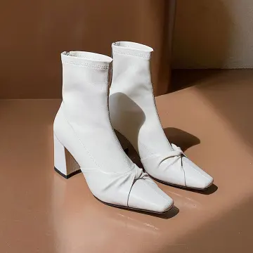 Simple Tomber Blanche Désinvolte Bottines Bottes Femme 2020 Cuir 7 Cm Talons Épais Pied Carré Bottes
