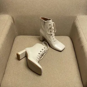 Modest Simple Fall Beige Casual Ankle Womens Boots 2020 Leather 7 Cm Thick Heels Square Toe Boots