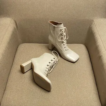 Enkla Höst Aprikos Beige Casual Stövletter Stövlar Dam 2020 Läder 7 Cm Tjocka Klackar Fyrkantiga Tå Stövlar