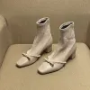Elegant Beige Street Wear Ankle Womens Boots 2020 Leather Pearl Bow 5 cm Thick Heels Square Toe Boots