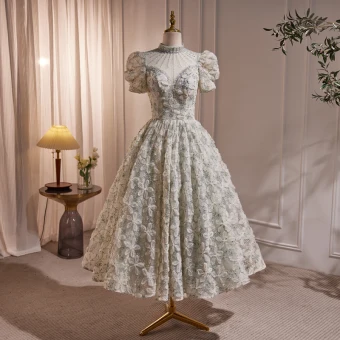 Chic Belle Perlage Perle Paillettes Impression Robe De Bal 2023 Princesse Col Haut Longue Dos Nu Manches Courtes Promo Robe De Ceremonie