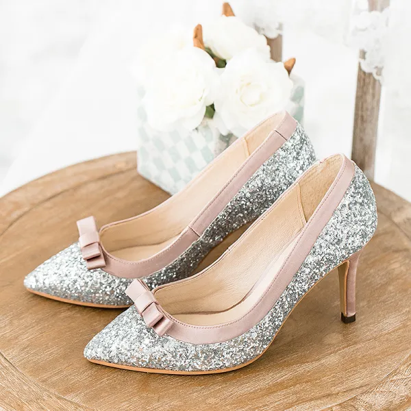 Sparkly Silver Wedding Shoes 2018 Leather Sequins Bow 8 cm Stiletto Heels Pointed Toe Wedding Pumps