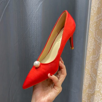 Elegant Red Satin Prom Pumps 2020 Pearl 8 Cm Stiletto Heels Pointed Toe Pumps