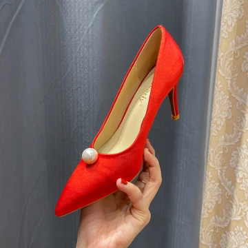 Élégant Rouge Satin Promo Escarpins 2020 Perle 8 Cm Talons Aiguilles À Bout Pointu Escarpins