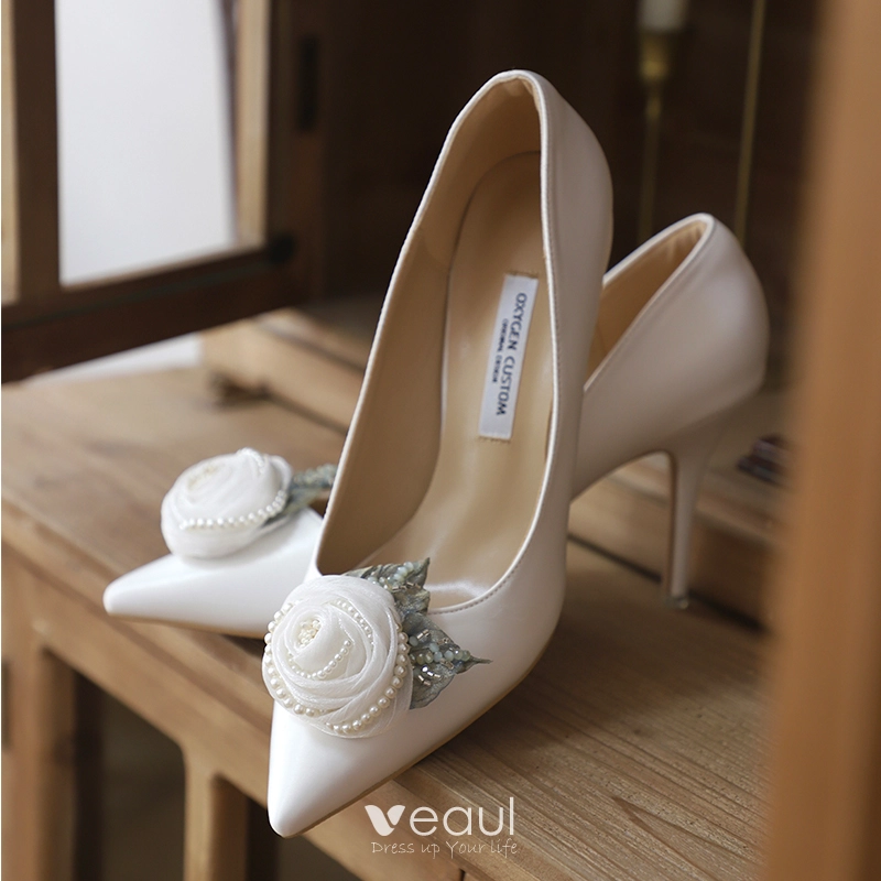 Elegantes Hermoso Blanco Sat n Zapatos de novia 2020 Perla Flor 9