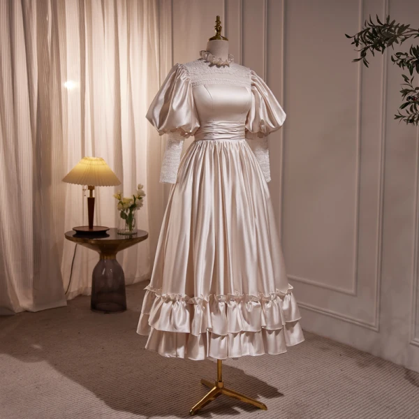 Elegant Champagne Satin Prom Dresses 2023 A-Line / Princess Ruffle High Neck Puffy Short Sleeve Backless Floor-Length / Long Prom Formal Dresses