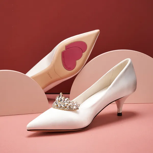 Elegant Ivory Satin Wedding Shoes 2020 Rhinestone 5 cm Stiletto Heels Pointed Toe Wedding Pumps