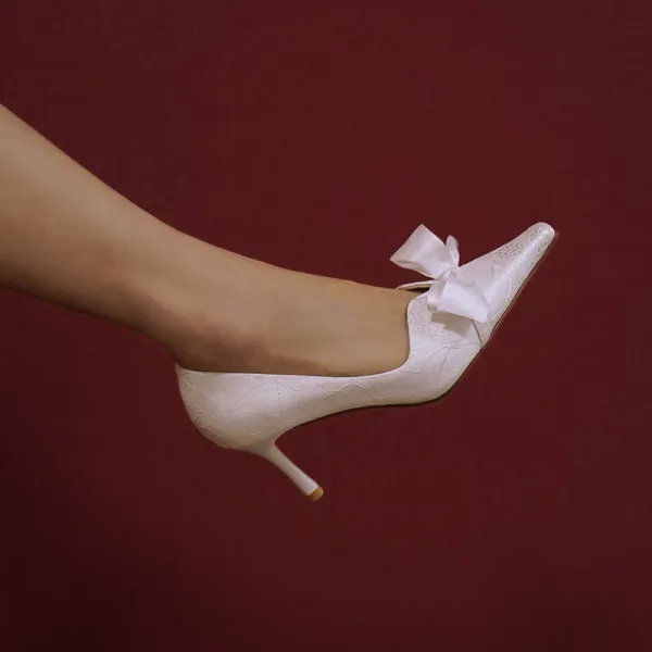 Elegantes Marfil Bowknot Zapatos de novia 2020 Cuero 7 cm Stilettos / Tacones De Aguja Punta Estrecha Boda Tacones