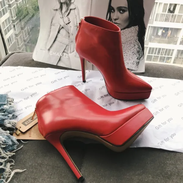 Modest / Simple Red Casual Ankle Womens Boots 2020 Leather 11 cm Stiletto Heels Pointed Toe Boots