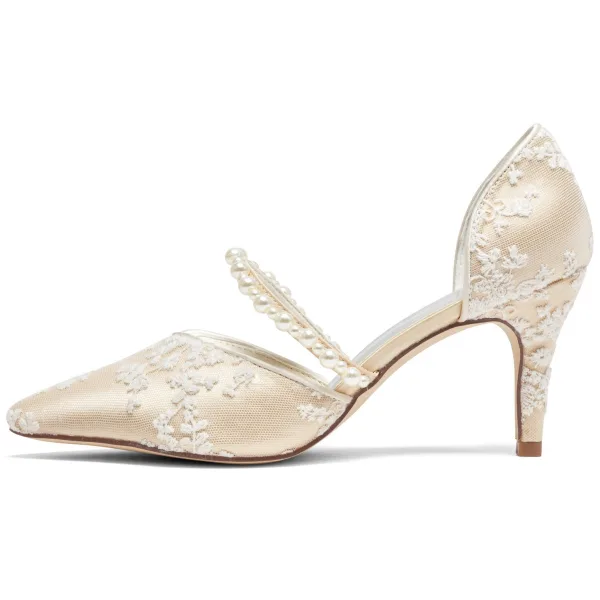 Elegant Champagne Pearl Lace Flower Wedding Shoes 2024 8 cm Stiletto Heels Pointed Toe Wedding Sandals High Heels