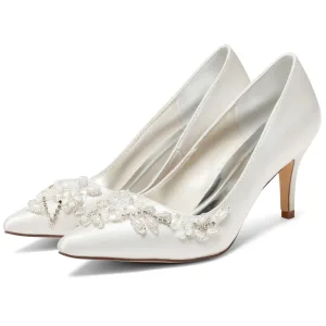 Élégant Ivoire Perle Faux Diamant Chaussure De Mariée 2024 8 Cm Talons Aiguilles À Bout Pointu Mariage Escarpins Talons Hauts