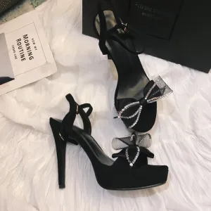Charmant Noire Cocktail Sandales Femme 2020 Faux Diamant Noeud Cuir 12 Cm Talons Aiguilles Peep Toes Bout Ouvert Sandales