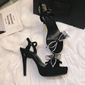 Charmant Noire Cocktail Sandales Femme 2020 Faux Diamant Noeud Cuir 12 Cm Talons Aiguilles Peep Toes Bout Ouvert Sandales