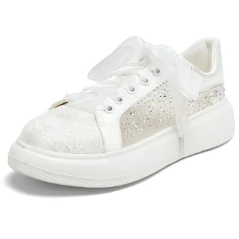 Elegant Ivory Rhinestone Lace Bow Sneakers 2024 4 Cm Platform Round Toe Wedding Shoes