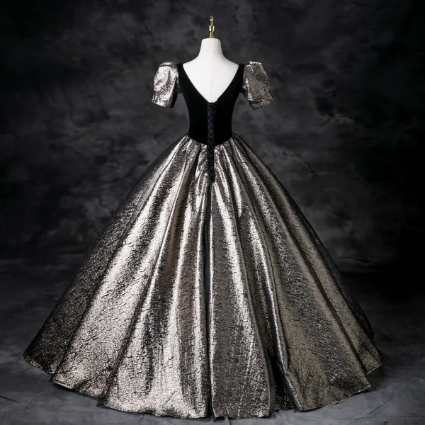 Classy Black Glitter Prom Dresses 2025 Ball Gown Square Neckline Puffy Short Sleeve Backless Floor-Length / Long Prom Formal Dresses