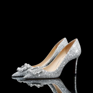 Scintillantes Argenté Glitter Faux Diamant Paillettes Chaussure De Mariée 2021 Cuir 8 Cm Talons Aiguilles À Bout Pointu Mariage Escarpins Talons Hauts