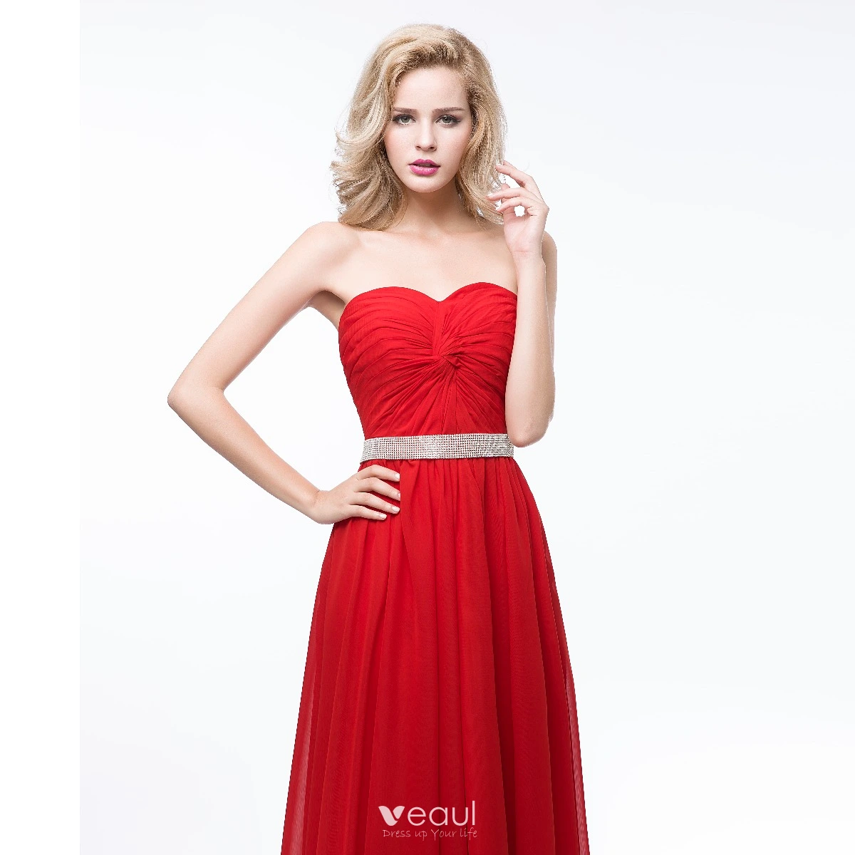 Modest Simple Red Chiffon Evening Dresses 2018 Empire Sweetheart