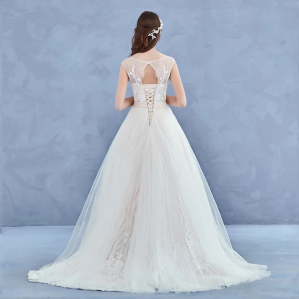 Elegant Handmade Champagne Wedding Dresses 2017 A-Line / Princess Scoop Neck Sleeveless Appliques Flower Lace Backless Beading Rhinestone Court Train