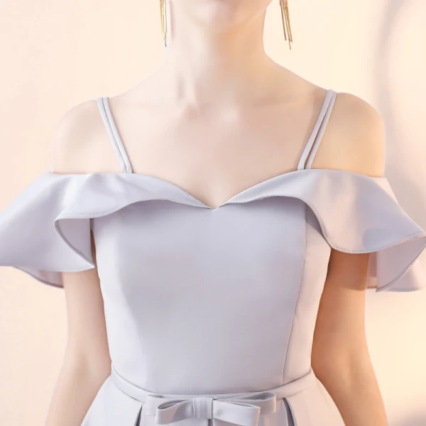 Chic / Beautiful Grey Homecoming Graduation Dresses 2018 A-Line / Princess Off-The-Shoulder Spaghetti Straps Short Sleeve Bow Sash Tea-length Ruffle Backless Formal Dresses