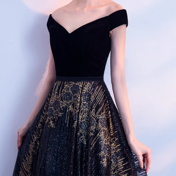 Bling Bling Navy Blue Evening Dresses 2018 A-Line / Princess V-Neck Short Sleeve Gold Glitter Tulle Floor-Length / Long Backless Formal Dresses