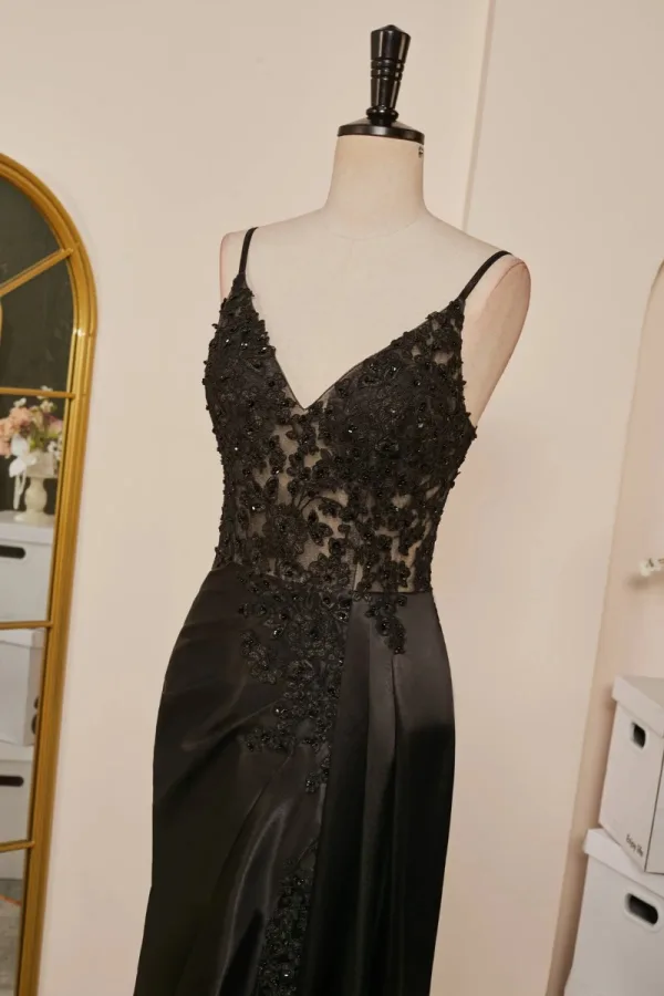 Sexy Black Satin Lace Split Front Prom Dresses 2024 Crossed Straps Sleeveless Spaghetti Straps Trumpet / Mermaid Floor-Length / Long Formal Dresses