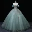 Elegant Mint Green Lace Flower Sequins Formal Dresses 2022 Ball Gown Off-The-Shoulder Sleeveless Backless Floor-Length / Long Prom Dresses