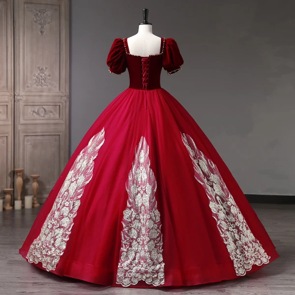 Vintage / Retro Burgundy Pearl Sequins Prom Dresses 2023 Ball Gown Square Neckline Puffy Short Sleeve Backless Floor-Length / Long Prom Formal Dresses