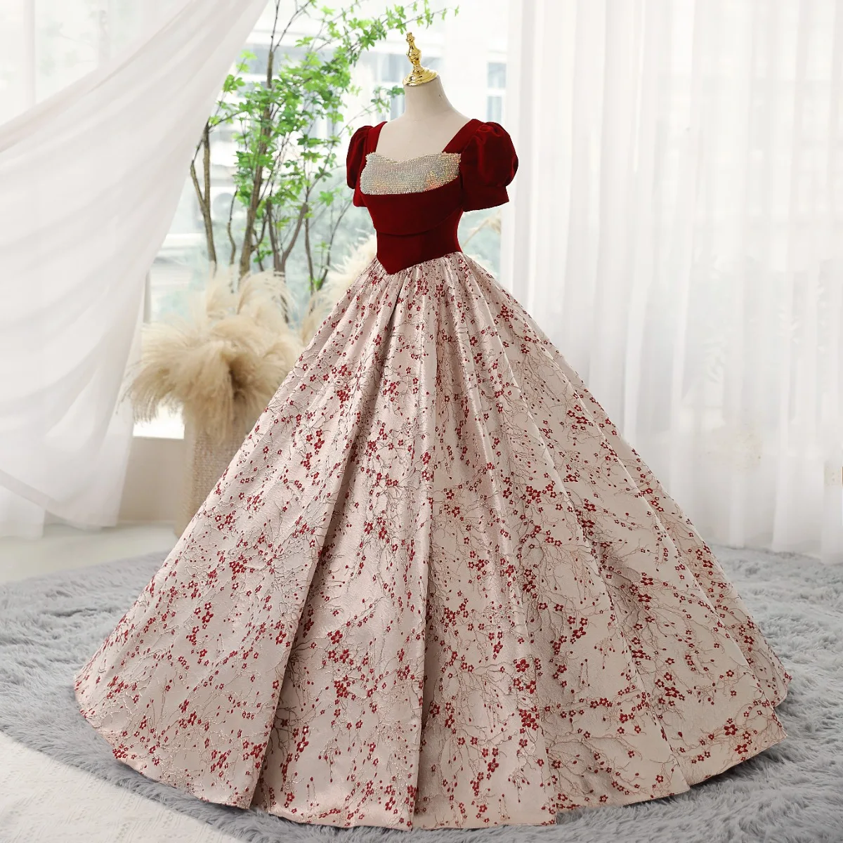 Elegant Burgundy Printing Prom Dresses 2023 Ball Gown Square Neckline Sequins Short Long Elegant Burgundy Printing Prom Dresses 2023 Ball Gown Square Neckline Sequins Short Long