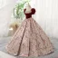 Elegant Burgundy Printing Prom Dresses 2023 Ball Gown Square Neckline Sequins Short Sleeve Backless Floor-Length / Long Prom Formal Dresses