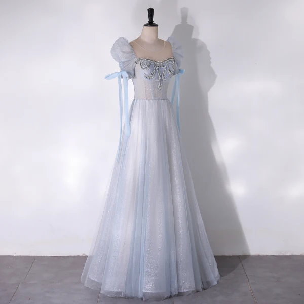 Chic / Beautiful Sky Blue Glitter Rhinestone Prom Dresses 2024 A-Line / Princess Scoop Neck Short Sleeve Backless Floor-Length / Long Prom Formal Dresses
