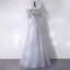 Chic / Beautiful Sky Blue Glitter Rhinestone Prom Dresses 2024 A-Line / Princess Scoop Neck Short Sleeve Backless Floor-Length / Long Prom Formal Dresses