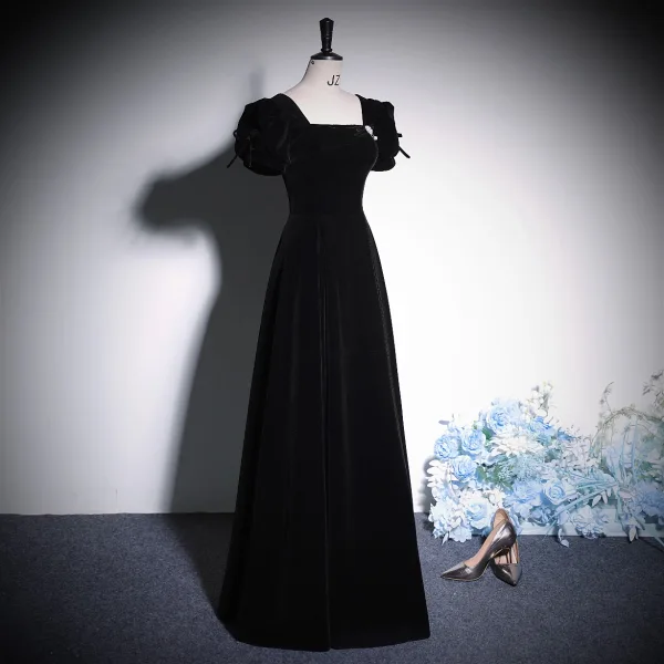 Elegant Black Solid Color Velvet Prom Dresses 2023 A-Line / Princess Square Neckline Short Sleeve Backless Floor-Length / Long Prom Formal Dresses