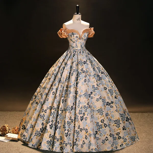 Vintage / Retro Beige Printing Prom Dresses 2023 Ball Gown Off-The-Shoulder Short Sleeve Backless Floor-Length / Long Prom Formal Dresses