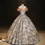 Vintage / Retro Beige Printing Prom Dresses 2023 Ball Gown Off-The-Shoulder Short Sleeve Backless Floor-Length / Long Prom Formal Dresses