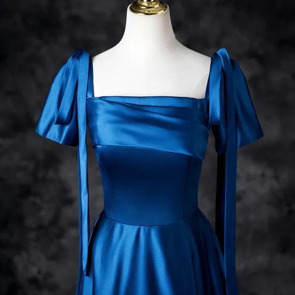 Vintage / Retro Royal Blue Satin Prom Dresses 2025 A-Line / Princess Square Neckline Short Sleeve Bow Backless Floor-Length / Long Prom Formal Dresses