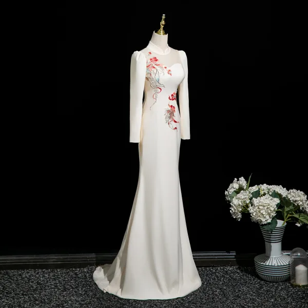 Vintage / Retro Ivory Lace Flower Evening Dresses 2025 Trumpet / Mermaid High Neck Long Sleeve Sweep Train Evening Party Formal Dresses