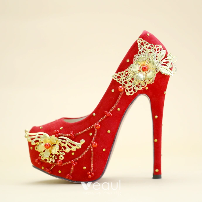 Chinese style Red Wedding Shoes 2019 Beading Gold Flower 14 cm