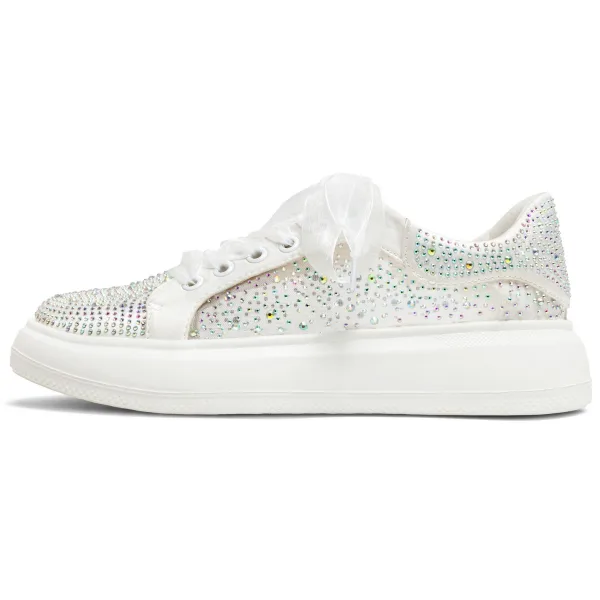 Elegante Ivoor Strik Rhinestone Huwelijk Sportschoenen 2024 4 cm Plateau Ronde Neus Bruidsschoenen