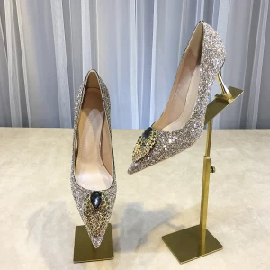 Sparkly Champagne Evening Party Sequins Pumps 2020 Rhinestone 8 Cm Stiletto Heels Pointed Toe Pumps