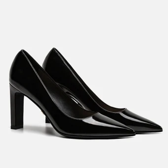 Chic Belle Noire Bureau Ol Cuir Escarpins 2020 Cuir Verni 8 Cm Talons Épais À Bout Pointu Escarpins