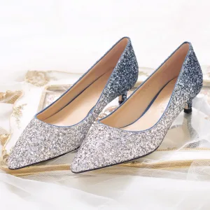 Scintillantes Dégradé De Couleur Argenté Soirée Escarpins 2020 Cuir Paillettes 4 Cm Talons Aiguilles Talon Bas À Bout Pointu Escarpins