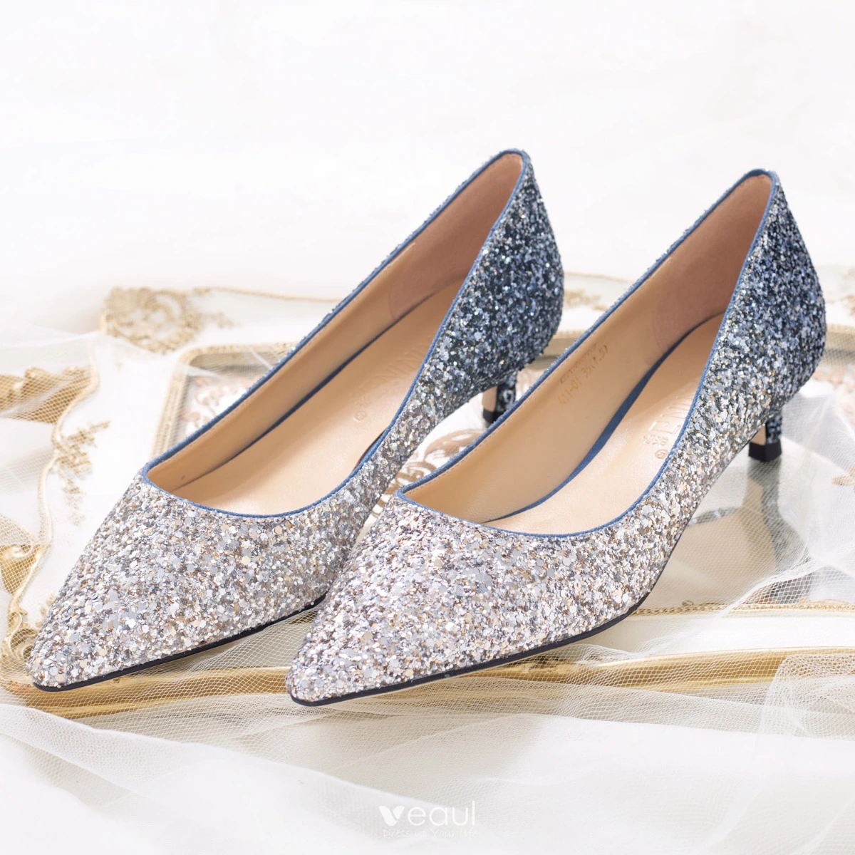 Sparkly Gradient Color Silver Evening Party Pumps 2020 Leather Sequins 4 cm Stiletto Heels Low Heel Pointed Toe Pumps