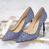 Sparkly Royal Blue Evening Party Sequins Pumps 2020 Leather 8 cm Stiletto Heels Pointed Toe Pumps