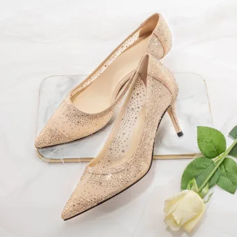 Charmant Champagne Faux Diamant Chaussure De Mariée 2020 Cuir 7 Cm Talons Aiguilles À Bout Pointu Mariage Escarpins