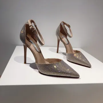 Charming Tan Evening Party Rhinestone Womens Sandals 2020 Ankle Strap 10 Cm Stiletto Heels Pointed Toe Sandals